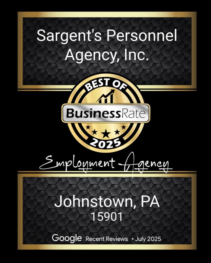 Business Rate Best of 2025 Award - Sargents Court Reporting Award plaque recognizing Sargent’s Personnel Agency as Best Employment Agency of 2025 in Johnstown.