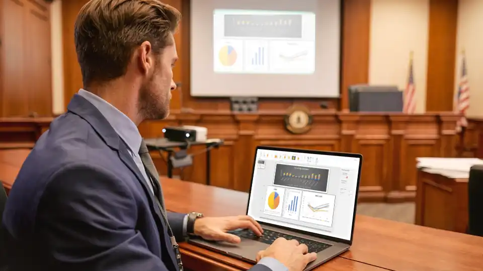 A man on a laptop and a projector in the background with the same screen in a courtroom setting.