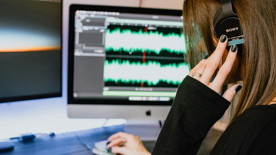 A woman listening to an audio file on a computer.