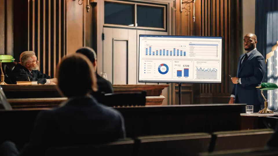 A courtroom viewing graphics on a large presentation screen.